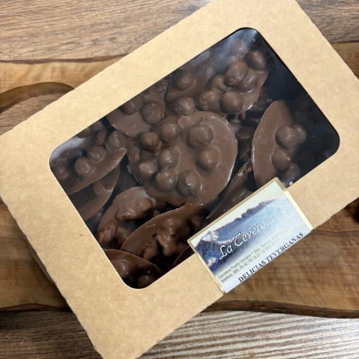 Caja de delicias variadas de chocolate con leche con avellanas y almendras de La Tevergana vista desde arriba
