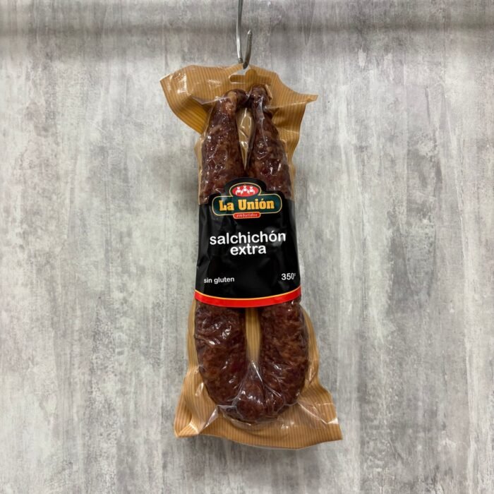 Salchichón extra de La Unión de 350 g con su etiqueta negra, sin gluten